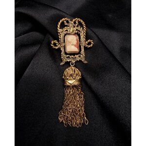 Antique Vintage 1910's-1940's Cameo Brooch With Tassel & Ornate Frame Vintage
